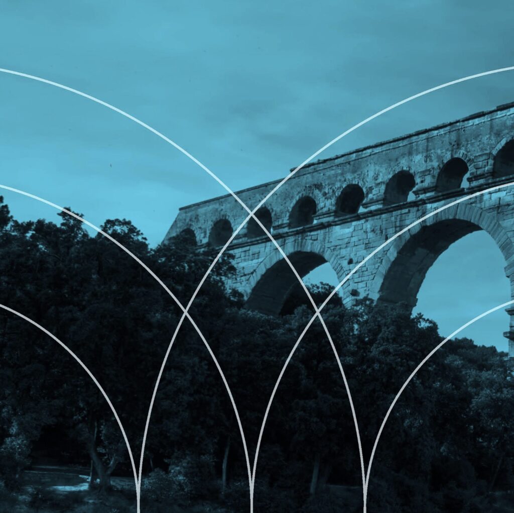 Aqueduct brand identity featuring landscape photography with graphic overlay designed by Intent