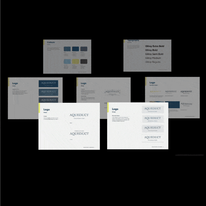 Open Aqueduct brand guide showing typography, layout, and application of branding system created by Intent