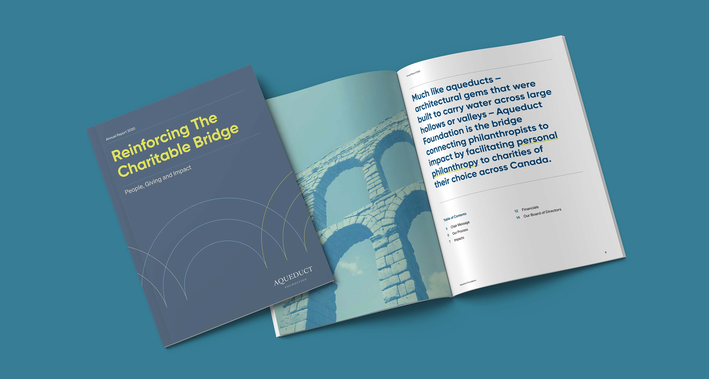 Aqueduct report cover and interior pages showing branding, layout, and content design created by Intent