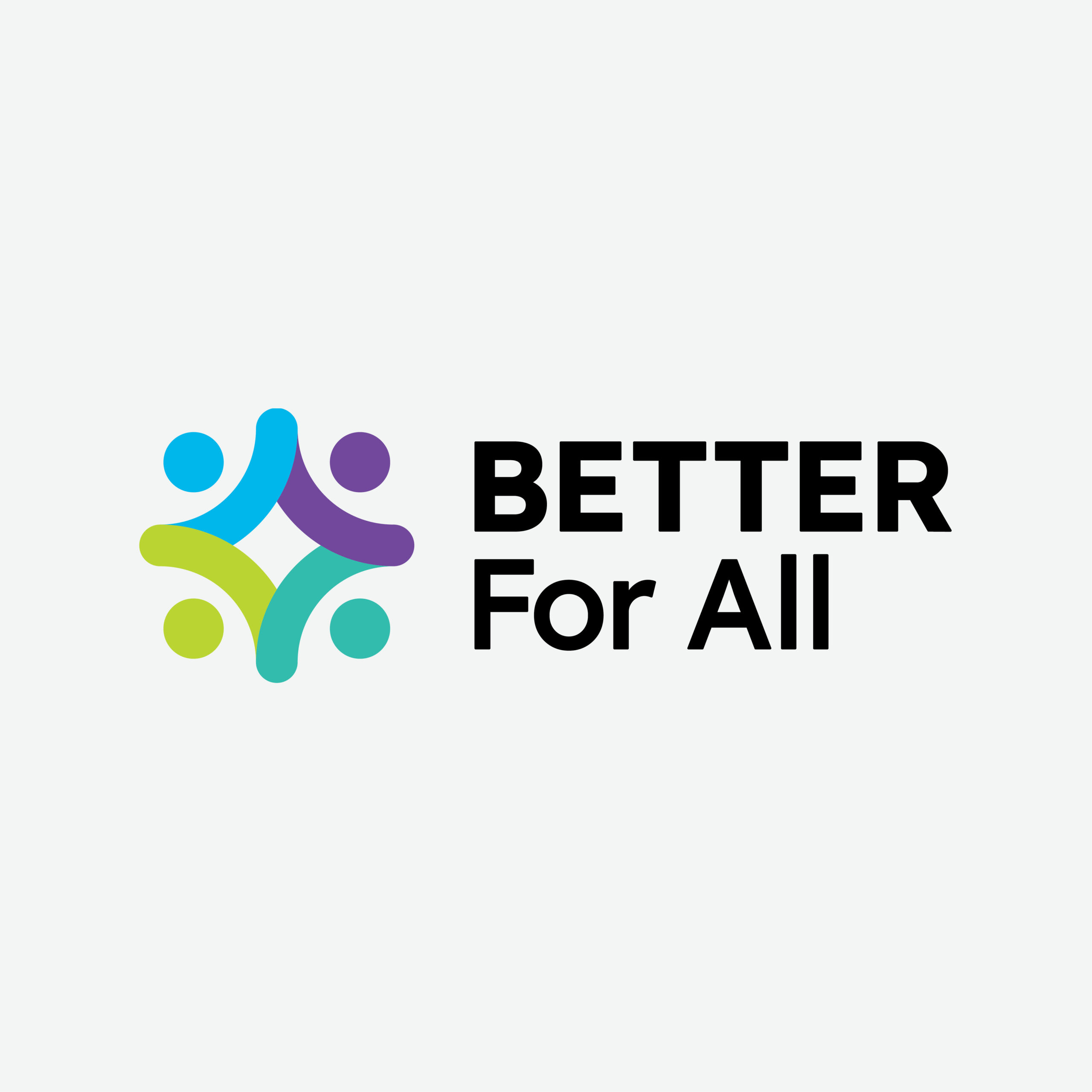 Full-colour version of the Better For All logo featuring four abstract human figures forming a diamond shape in blue, green, purple, and teal beside the words "Better For All" in bold black type.