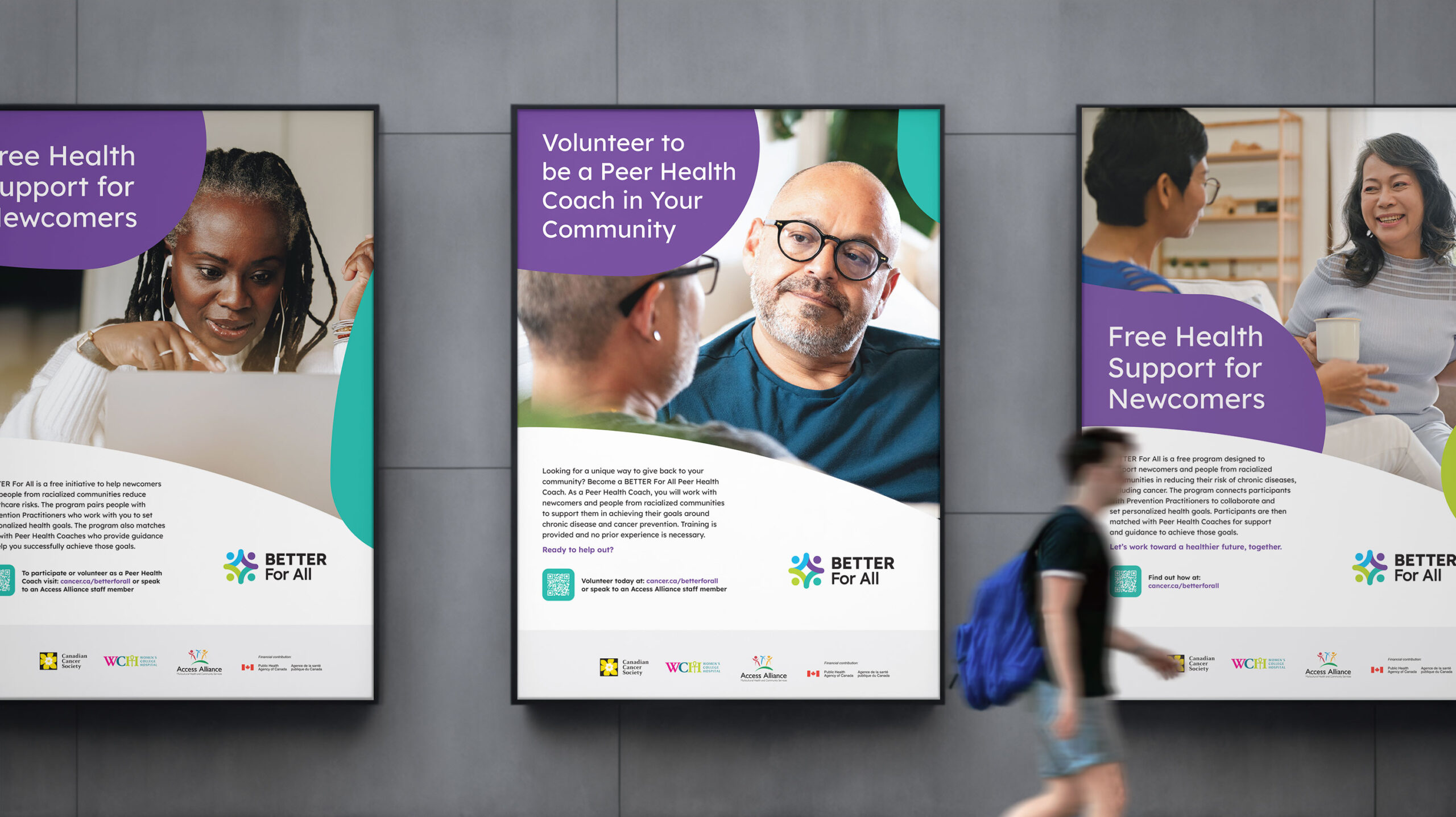 Large-format Better For All campaign posters displayed in a subway station, with details about the public health initiative.