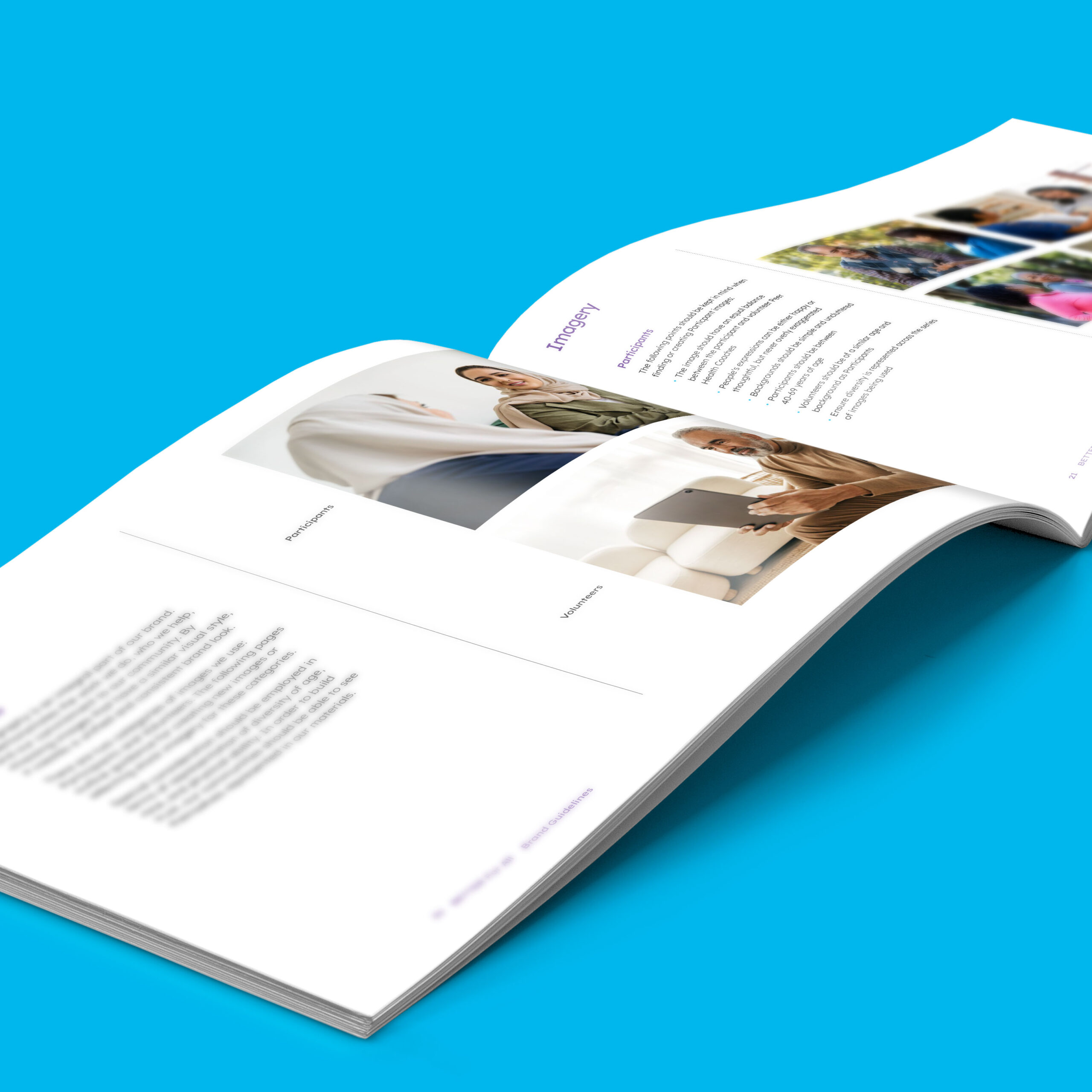 Interior spread from the Better For All brand guidelines showing imagery recommendations, including photos of program participants and volunteers in accessible, community-based settings.