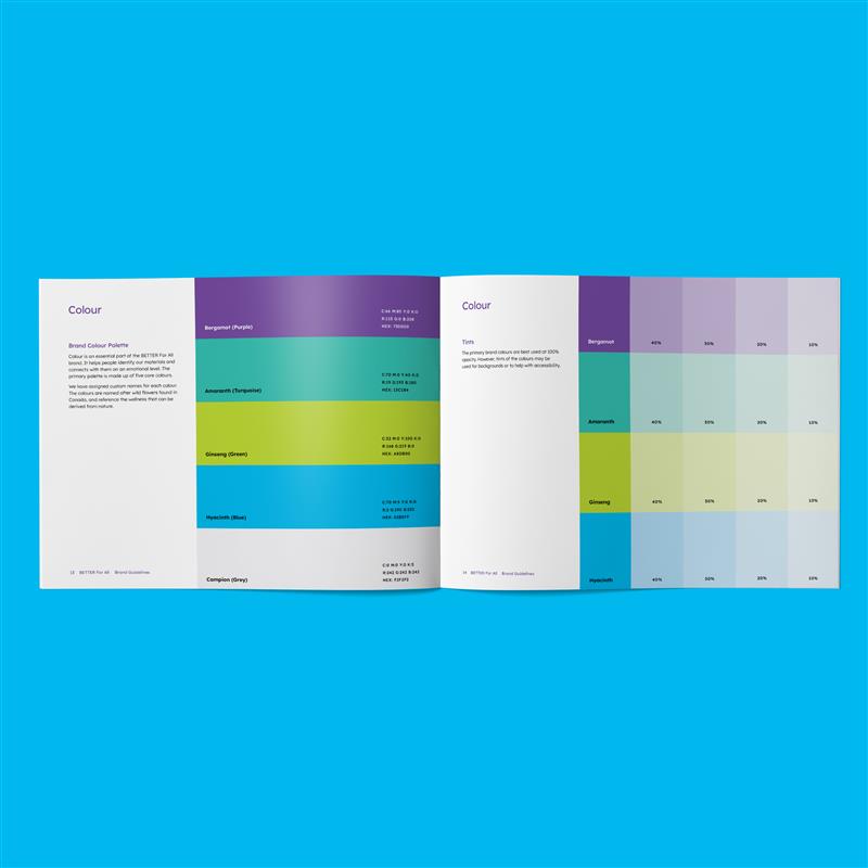 Inner spread of brand colours for Better For All’s health support program for newcomers, featuring brand colours for public health outreach.