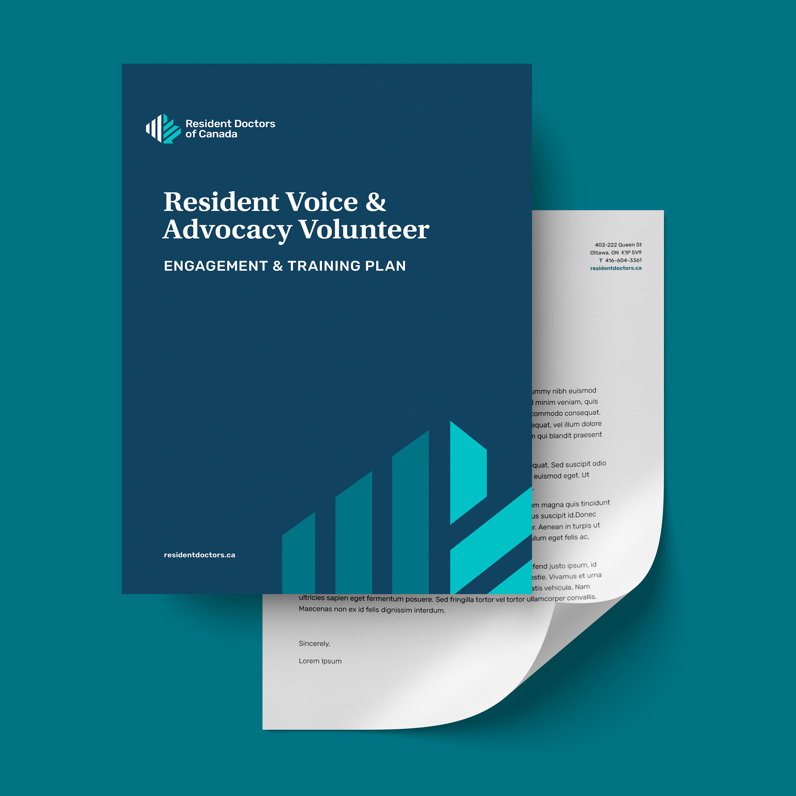 Cover and inner page of Resident Doctors of Canada’s training plan booklet for volunteer engagement, featuring the bold graphic identity developed in collaboration with Intent.