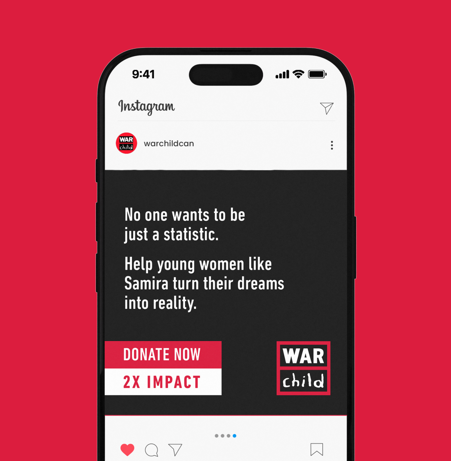 Social media post for War Child Canada campaign highlighting education impact messaging designed by Intent