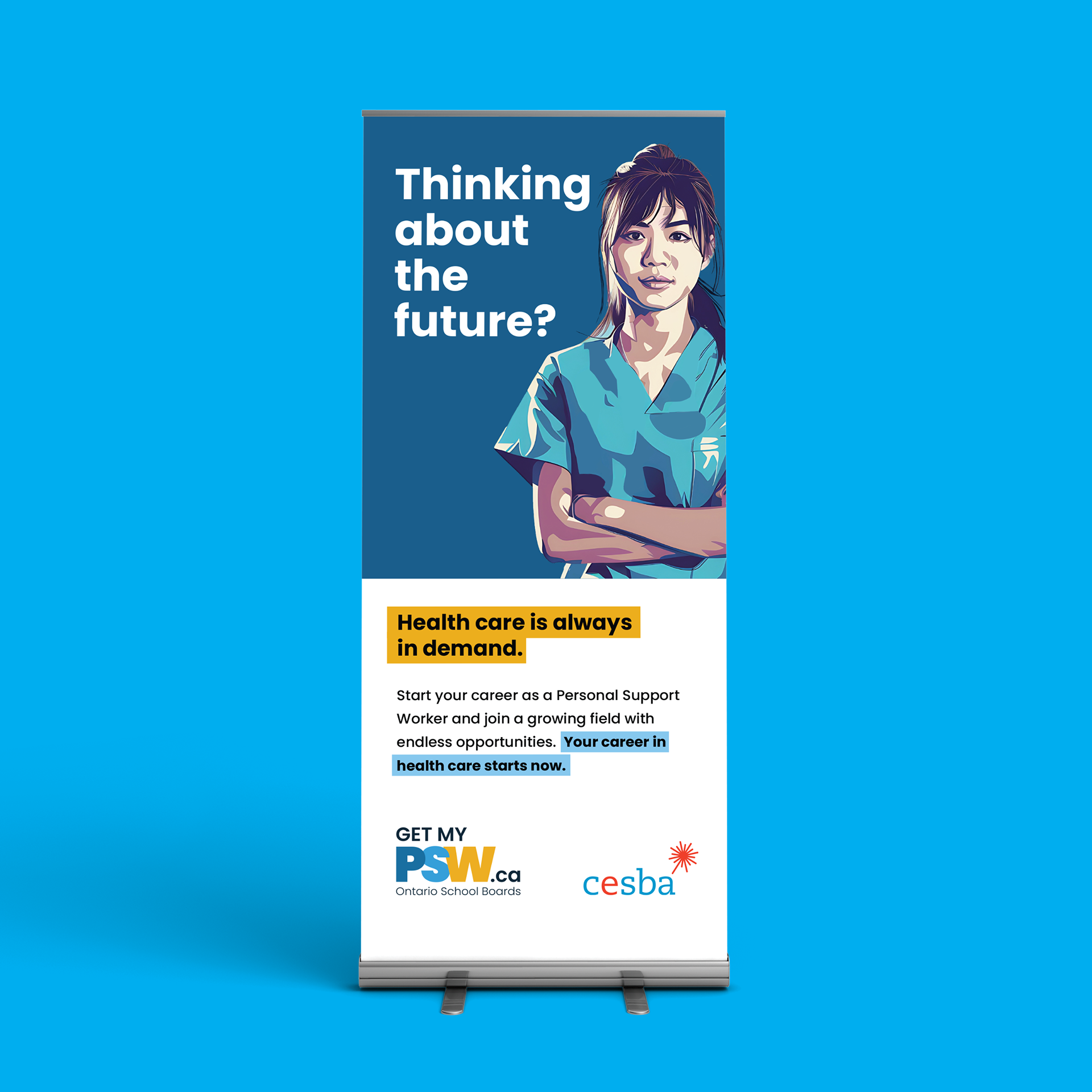 CESBA pull-up banner with illustrated nurse and “Health care is always in demand” tagline, part of Intent’s campaign creative.