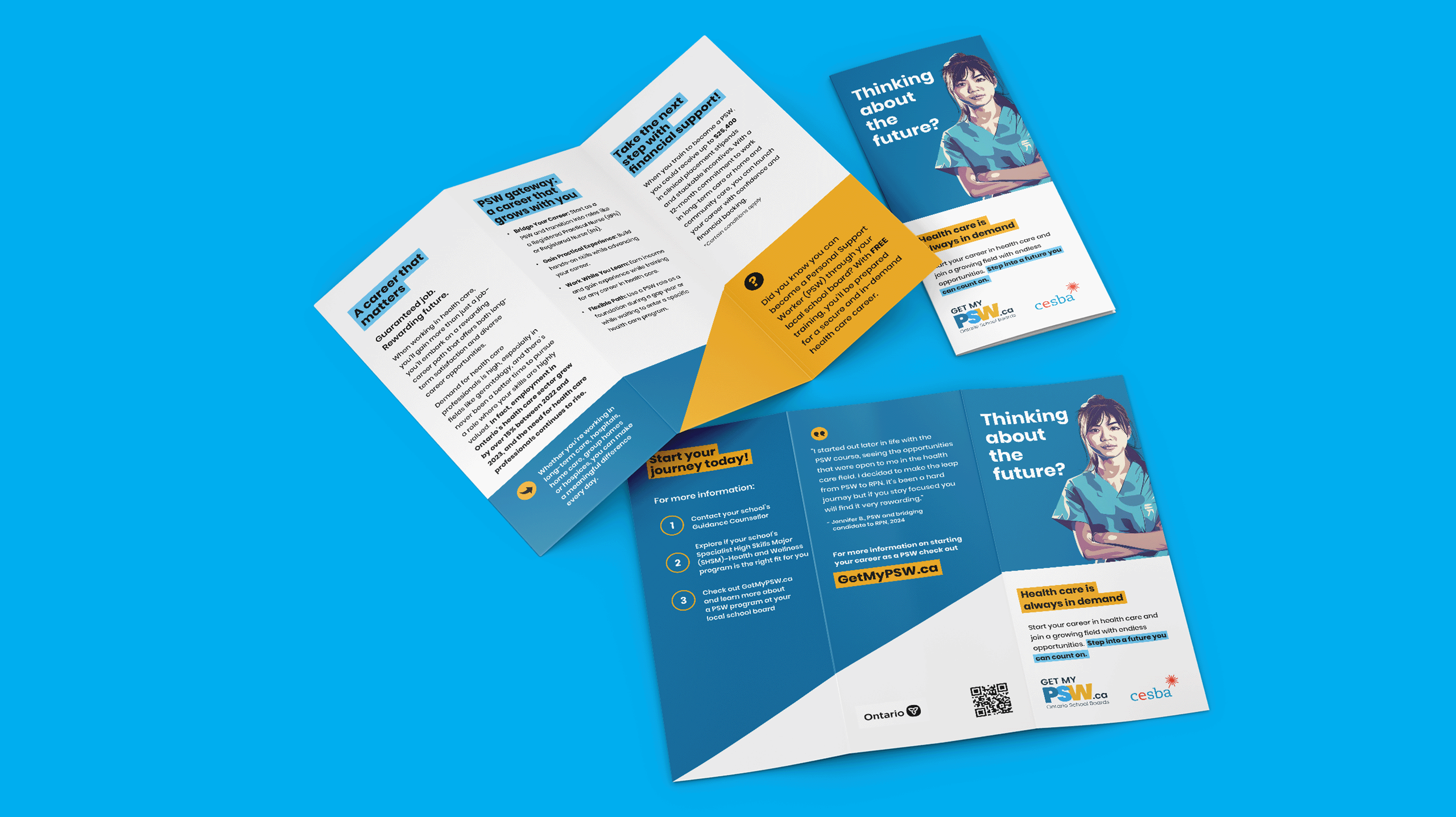 CESBA tri-fold brochure highlighting Personal Support Worker career pathways, designed and laid out by Intent.