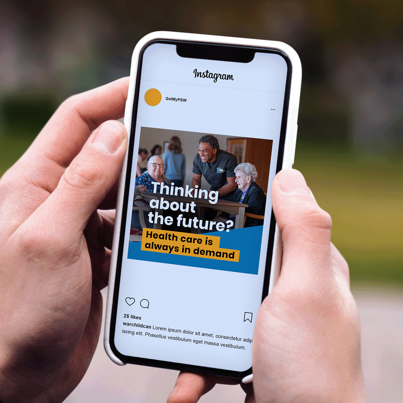 Hand holding a smartphone displaying CESBA’s “Thinking about the future? Health care is always in demand” Instagram ad designed by Intent.