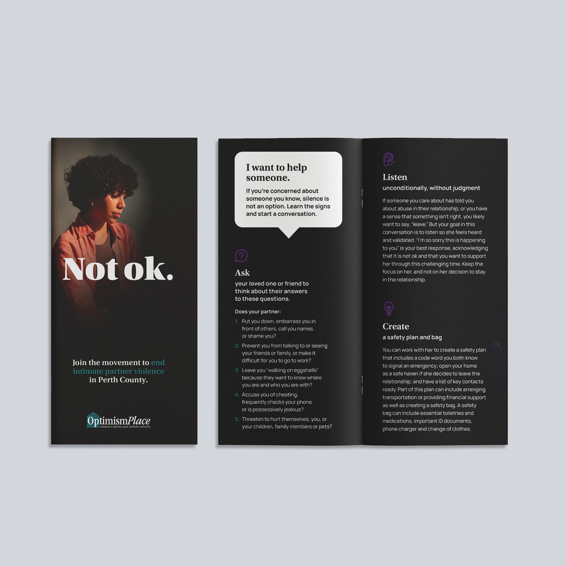 Front and inside spread of the Optimism Place Not ok. tri-fold brochure showing a portrait on the cover and text sections on how to support someone safely.