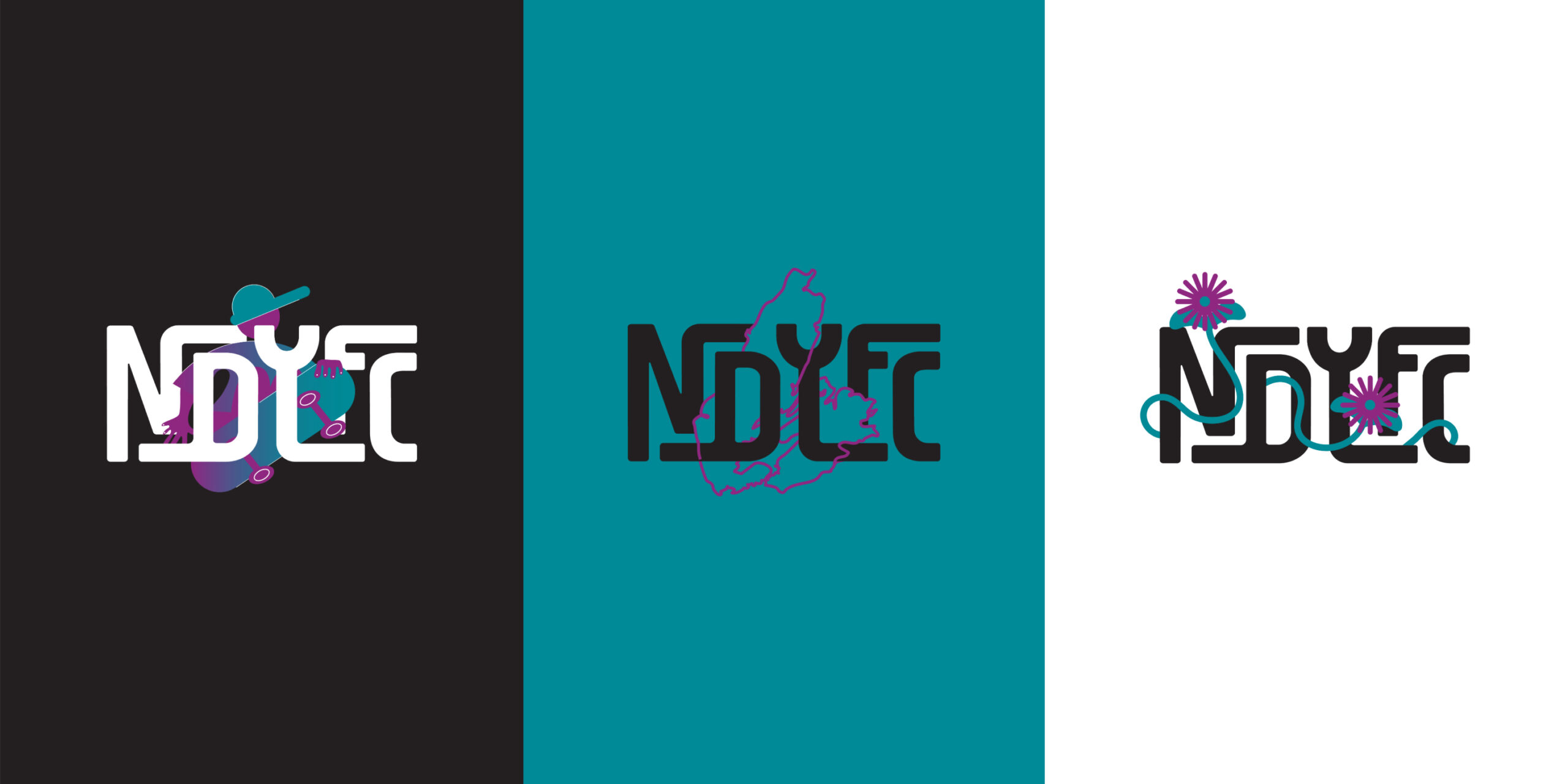 New Dawn Youth and Family Centre logo variations incorporating the outline of Nova Scotia, a provincial flower, and skateboarding imagery.