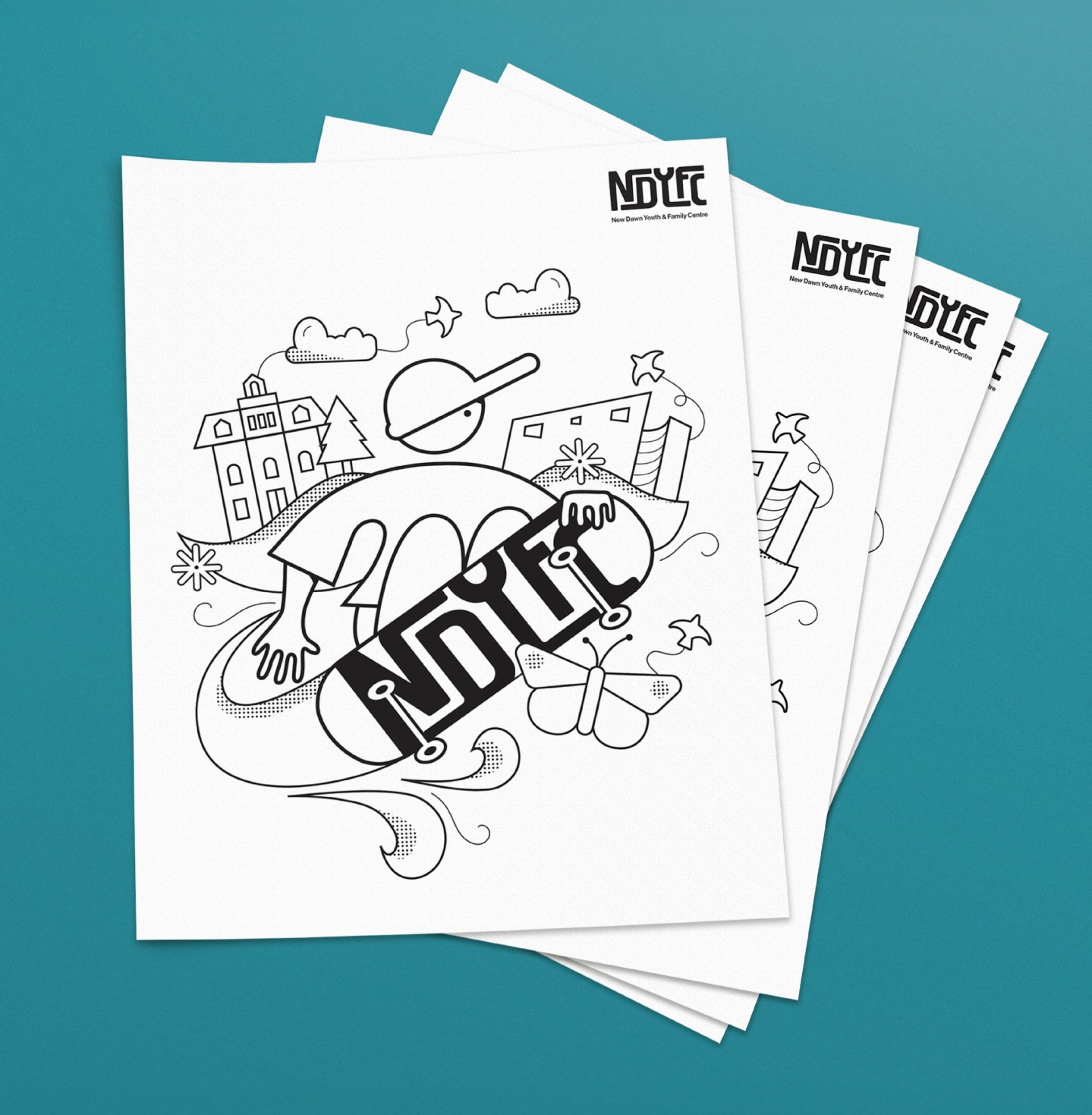 New Dawn Youth and Family Centre colouring contest sheet featuring playful illustrations. All artwork will be displayed along the Centre's hallway when it opens.