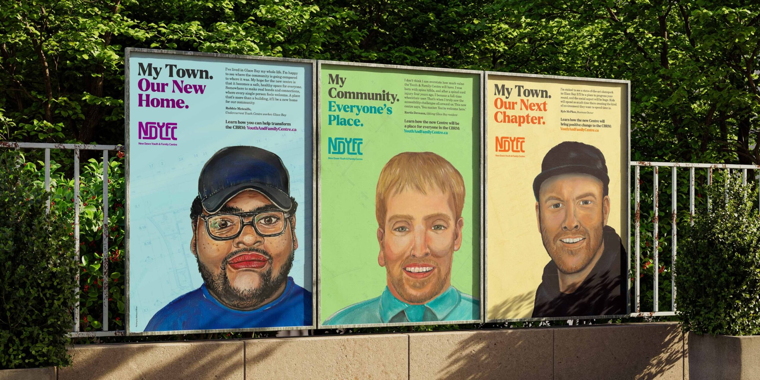 Transit advertisements featuring portraits of Glace Bay residents and personal stories from New Dawn's Change Starts Here campaign.