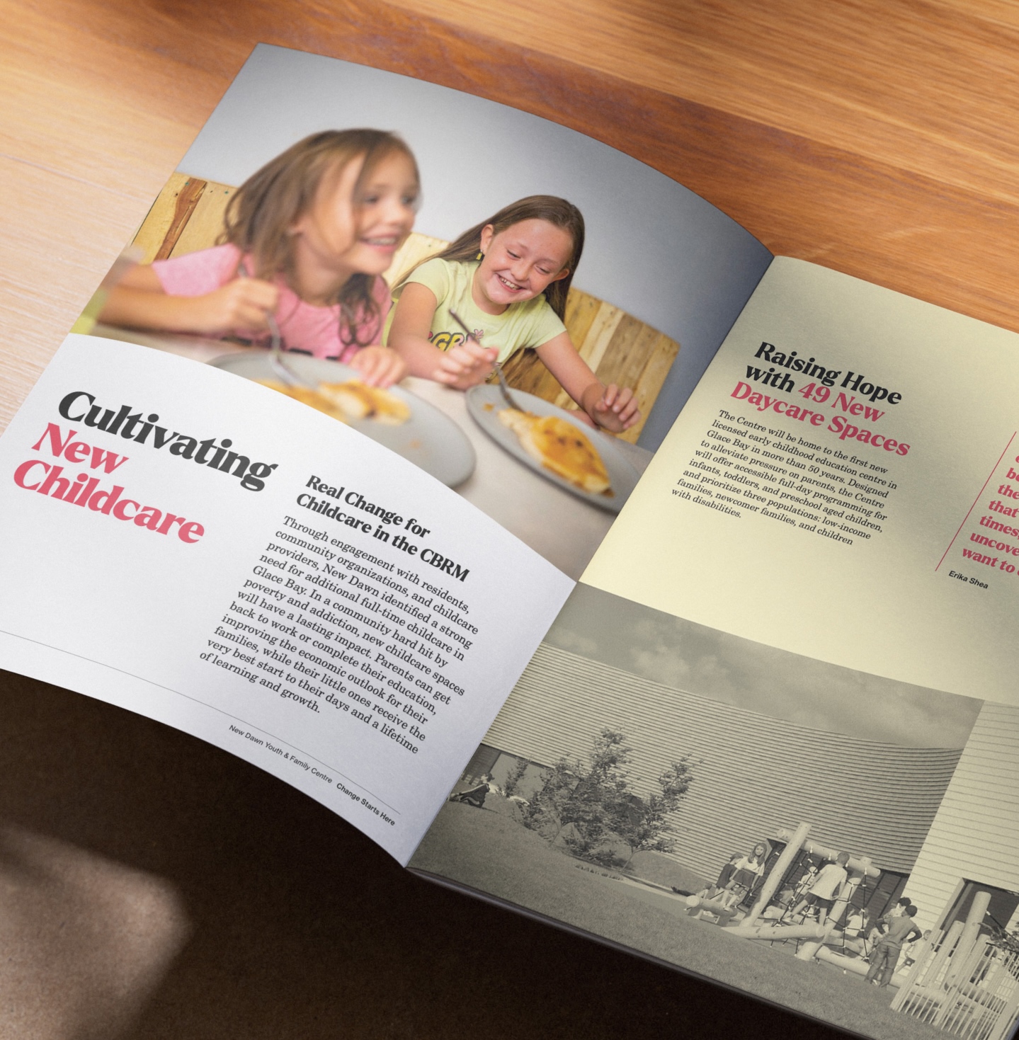 Open New Dawn Youth and Family Centre Case for Support booklet featuring community photography, personal stories, and information about the proposed facility and fundraising campaign.