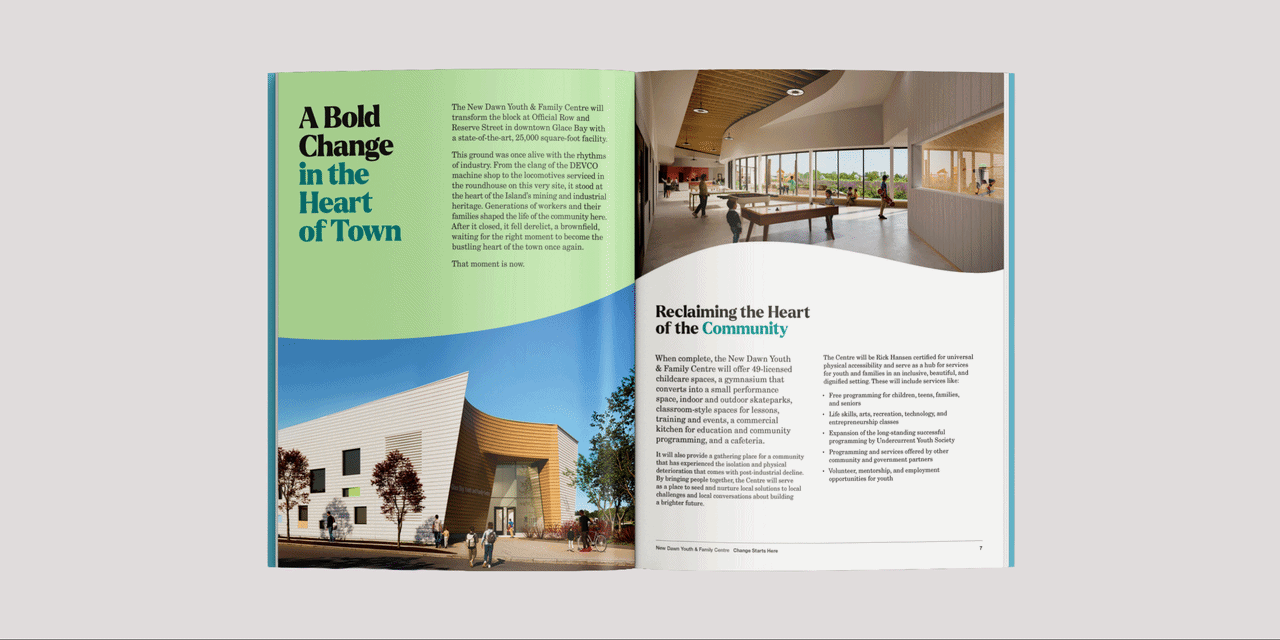 Open fundraising brochure combining community stories, photography, and information about the proposed Centre.
