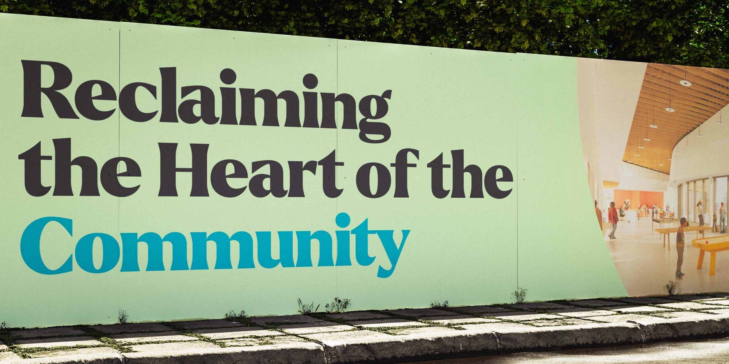 Large-scale Change Starts Here campaign signage installed along the New Dawn Youth and Family Centre construction site fencing in Glace Bay.