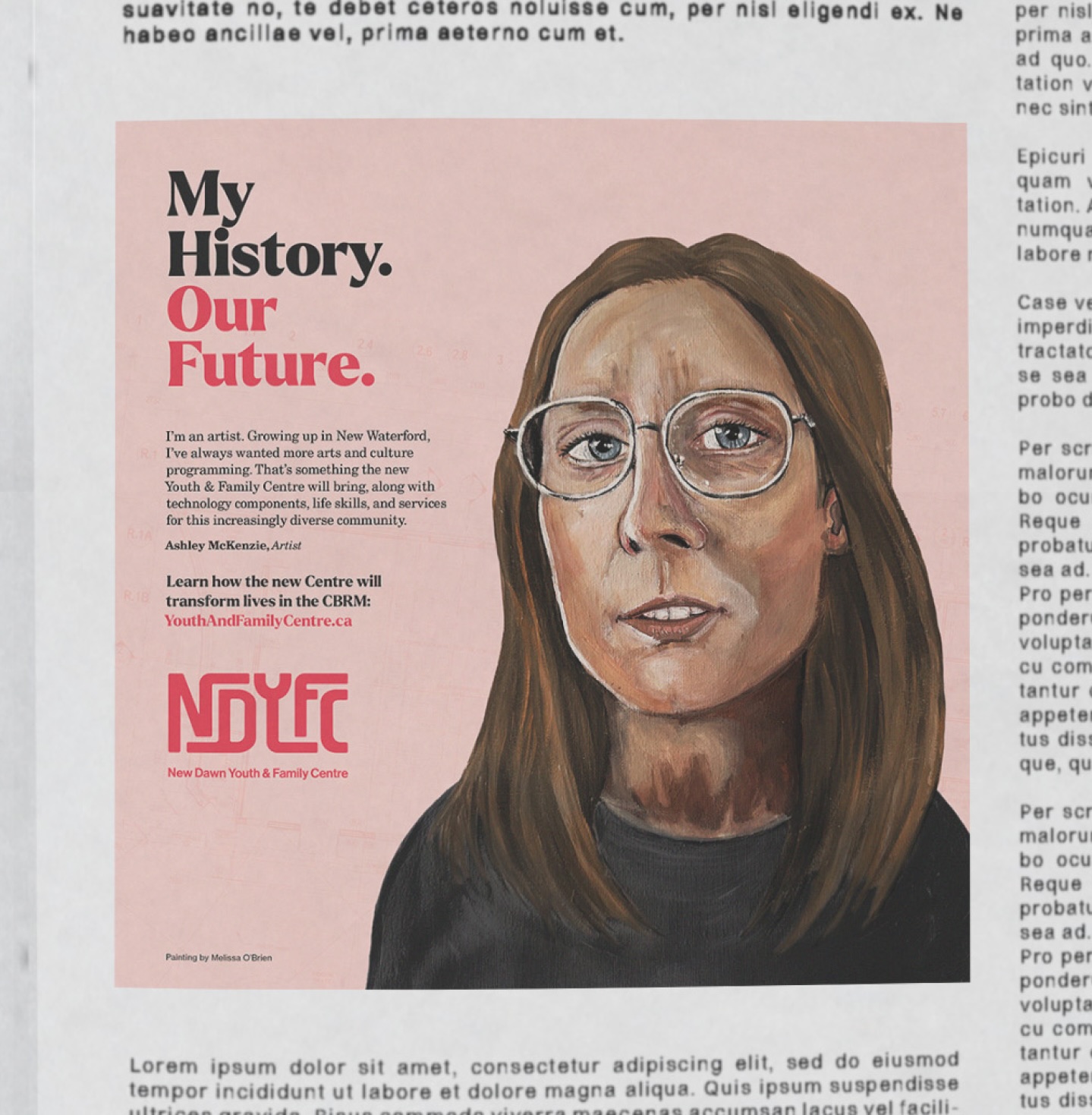Newspaper advertisement featuring a local resident's portrait and personal story from the fundraising campaign.