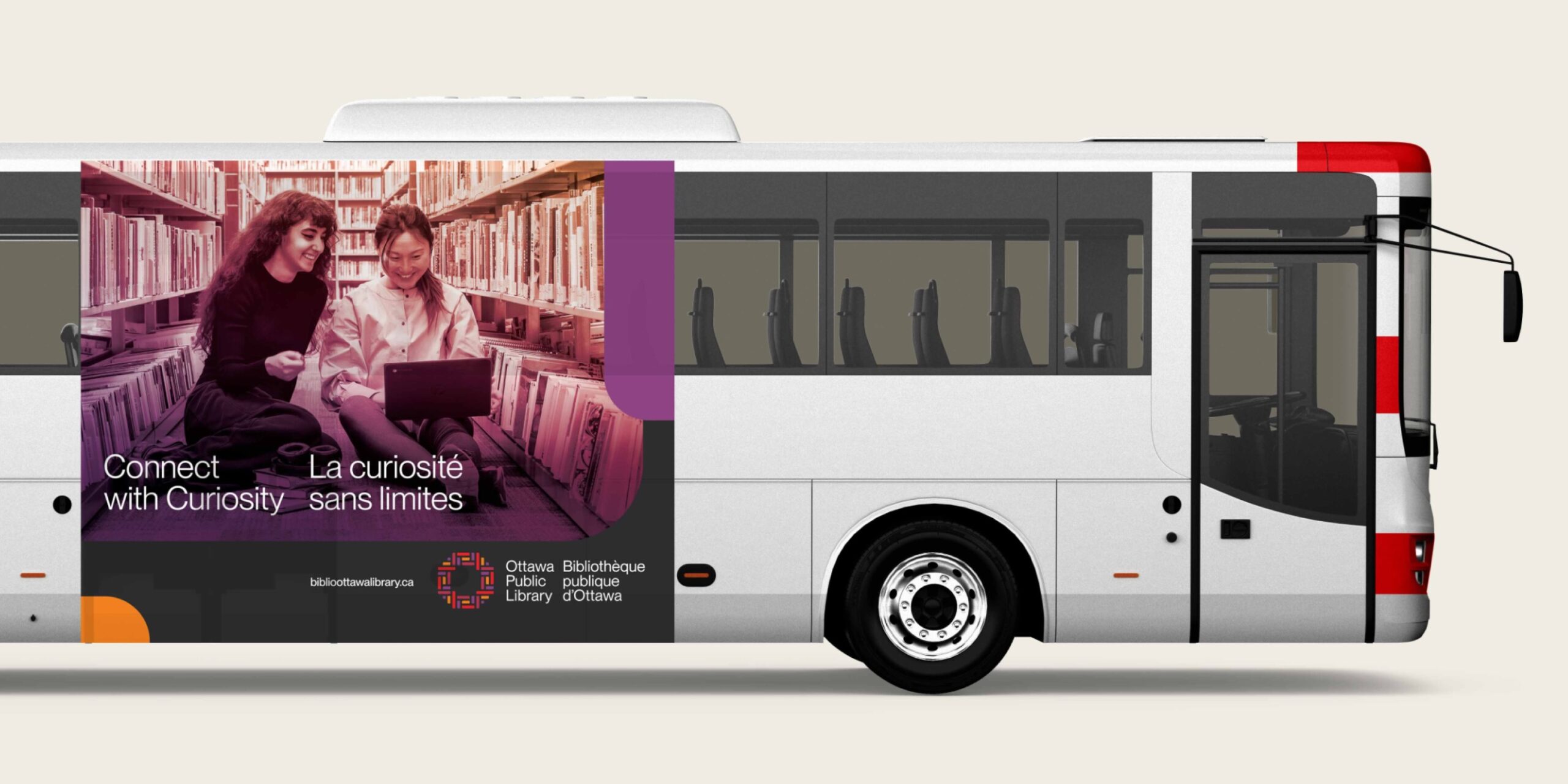 Ottawa city bus with Ottawa Public Library campaign advertisement using brand visuals developed by Intent
