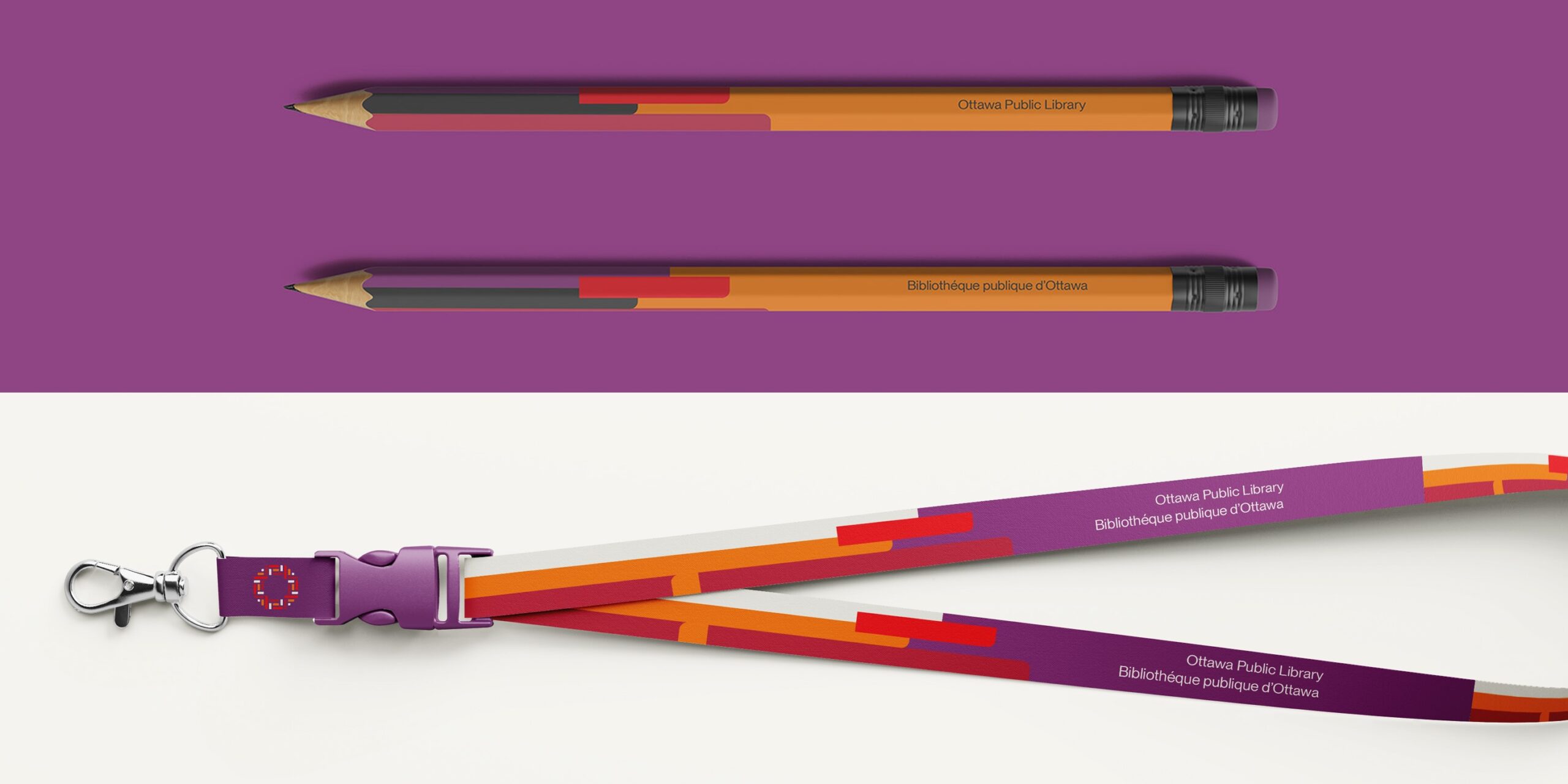 Branded pencils featuring Ottawa Public Library colours and typography from identity system by Intent