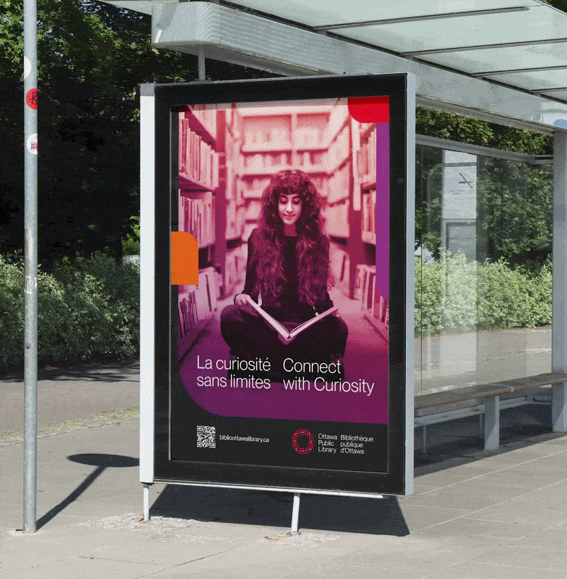 Transit shelter advertisement for Ottawa Public Library campaign using photography and brand system by Intent