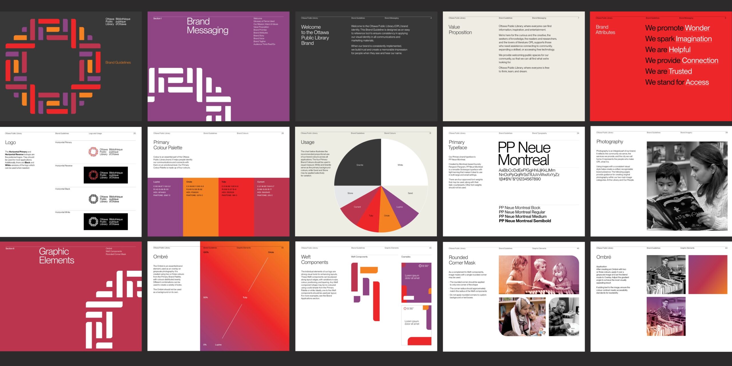 Ottawa Public Library brand system overview showing logo variations, colour palette, typography, and graphic elements developed by Intent